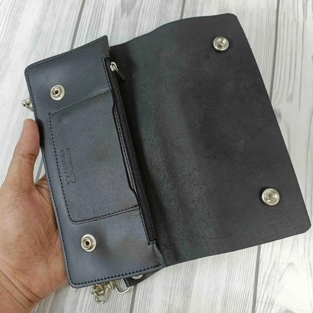 Black Leather Trifold Wallet with Chain